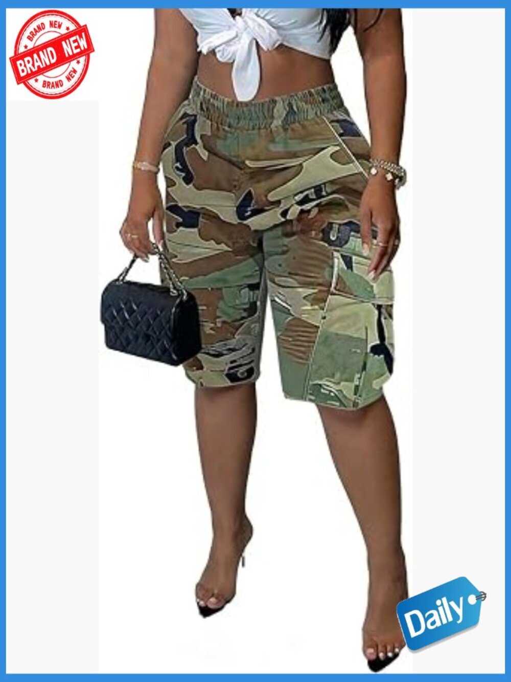 Women Cargo Camo Shorts Baggy Elastic Waisted Bermuda Denim Jean with Frayed Hem